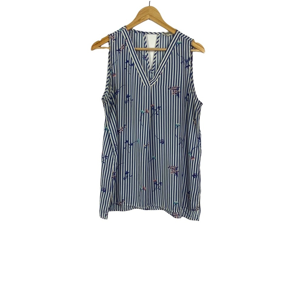 Pleione sleeveless stripe floral causal blouse top blue size Large - Picture 1 of 8